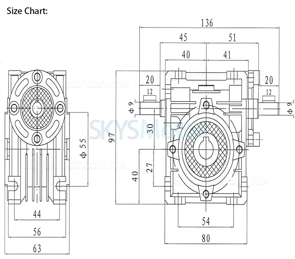 Reductor de tornillo sin fin serie NRV030-VS, relaci&oacute;n 5:1-80:1, eje de entrada de 9 mm, orificio de salida de 14 mm, con eje de entrada doble